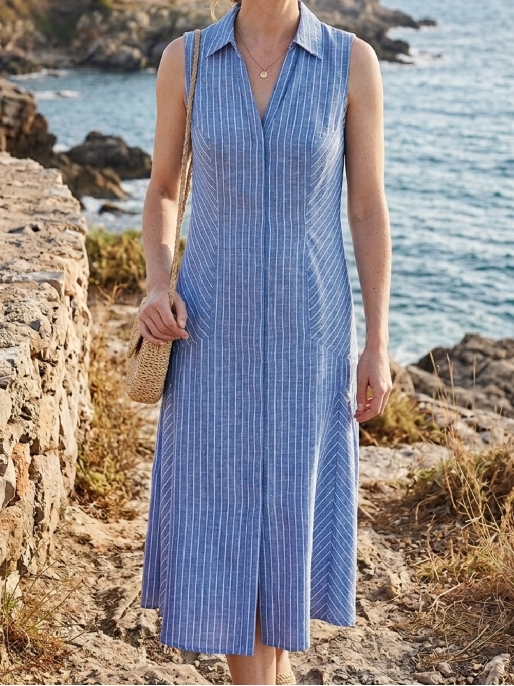 Brooks Brothers Blue White Striped Sleeveless Shirt Dress 100% Linen Midi Sz 4